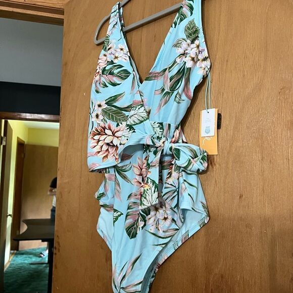 Kona Sol Wrap-Front High Coverage One Piece Swimsuit Tropical Print Small NWT - Picture 5 of 8